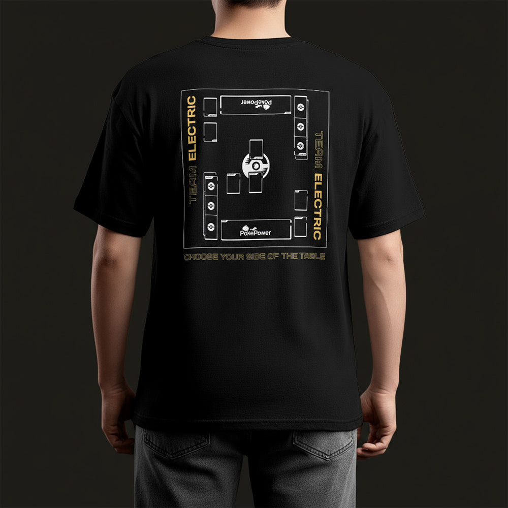 PokePower Team Electric oversized T-shirt back with TCG playmat design, male model