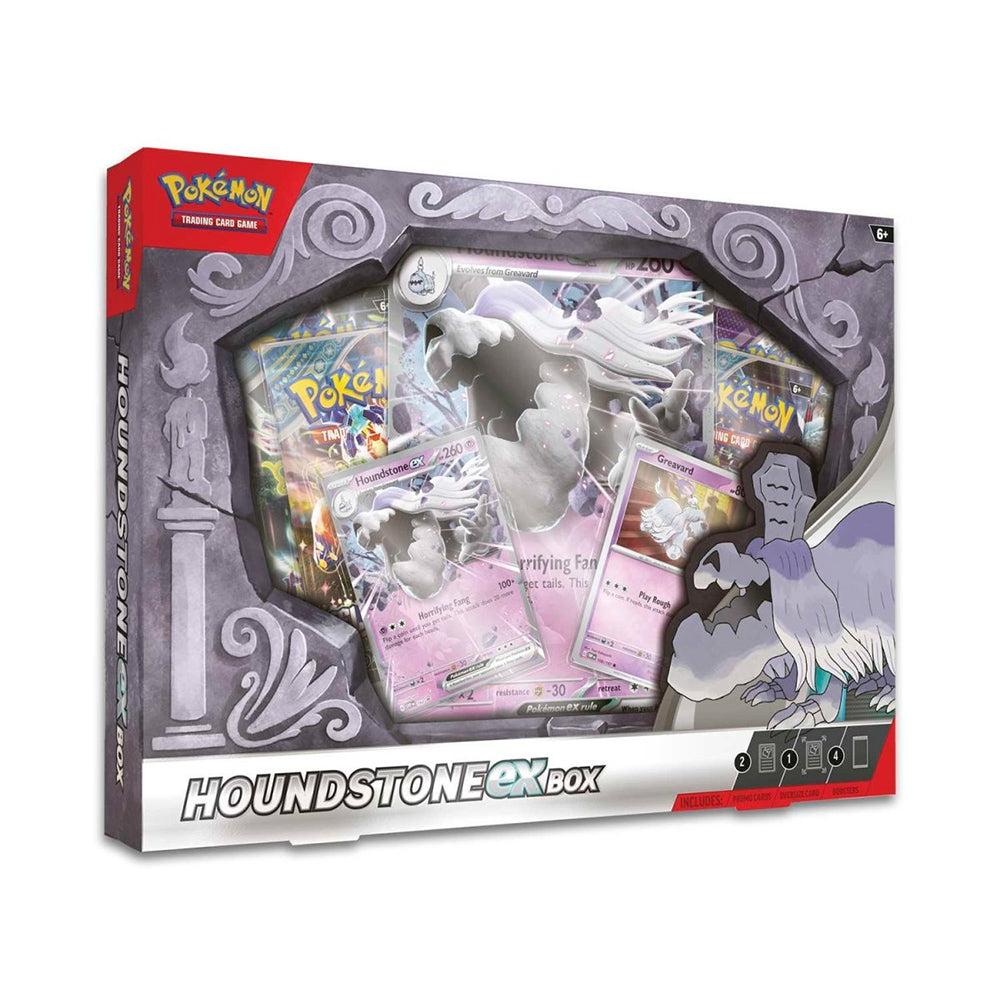 Pokémon TCG Houndstone ex Box with Houndstone and Greavard promo cards, jumbo card, and booster packs.