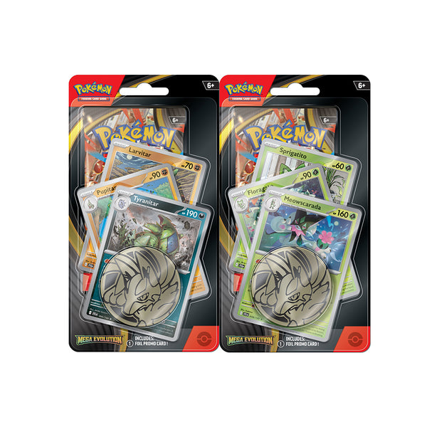 Pokémon TCG Mega Evolution Premium Checklane Blister with Tyranitar and Meowscarada promo cards and collectible coin