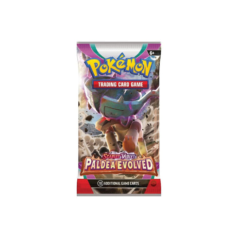 Paldea Evolved Booster Pack z 10 Pokémon kartami, osnovno energijo in kodo za Pokémon TCG Online, karte se razlikujejo.