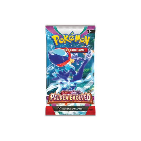 Booster paket Paldea Evolved vsebuje 10 Pokémon kart, osnovno energijo in kodo za spletno igro, karte so naključne.