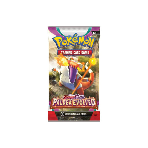 Scarlet & Violet Paldea Evolved Booster Pack vsebuje 10 kart in 1 osnovno energijo, karte se razlikujejo glede na paket.