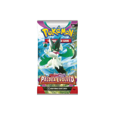 Paldea Evolved Booster Pack z 10 naključnimi Pokémon kartami, osnovno energijo in kodo za Pokémon Trading Card Game Online.