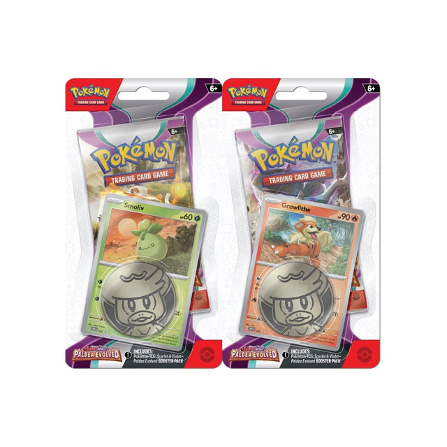 Pokémon Scarlet & Violet Paldea Evolved Checklane Blister vključuje booster paket, promo karto Pokemona in kovanec