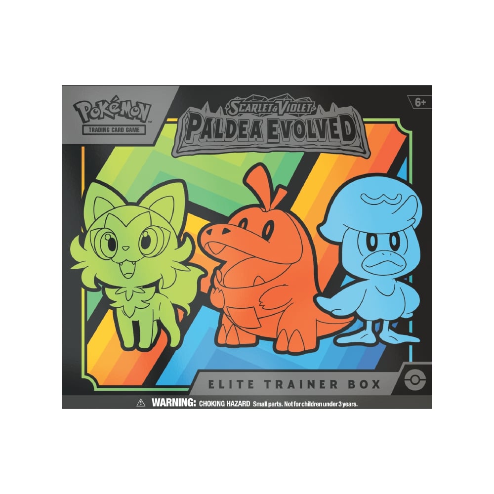 Scarlet & Violet Paldea Evolved Elite Trainer Box vsebuje 9 booster paketov, promo karto, ovitke, energijske karte in kocke
