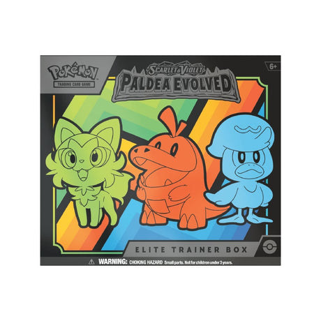 Scarlet & Violet Paldea Evolved Elite Trainer Box vsebuje 9 booster paketov, promo karto, ovitke, energijske karte in kocke