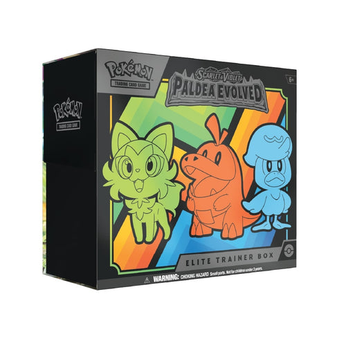Pokémon Elite Trainer Box Paldea Evolved z 9 booster paketi, promo karto, 65 ovitki, kockami in organizacijsko škatlo
