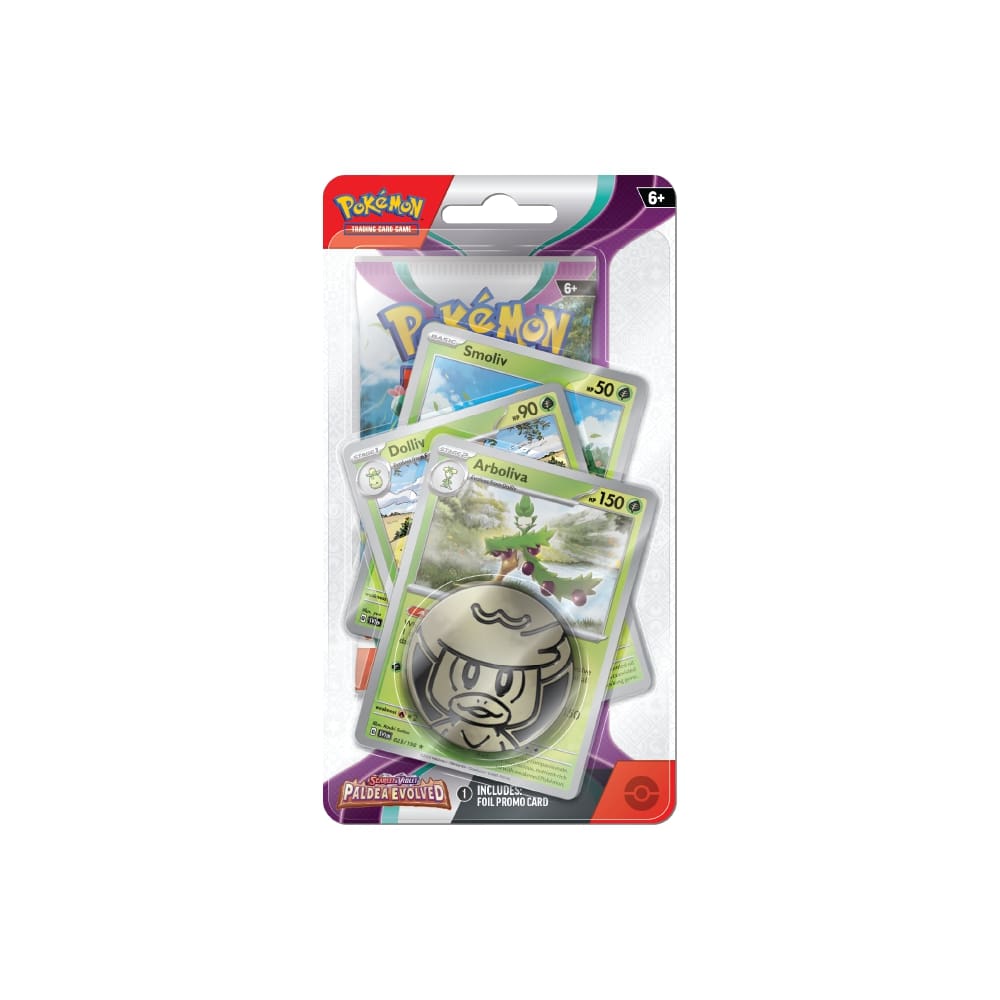 Premium Checklane Blister vsebuje booster paket, 3 promo karte z evolucijo Pokemona Arboliva in kovanec Pokemona Quaxly