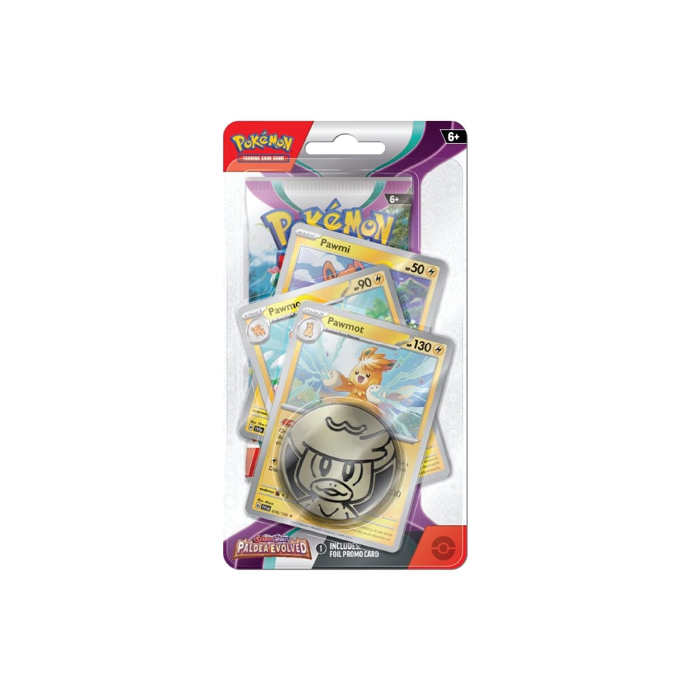 Premium Checklane Blister vsebuje booster paket, 3 promo karte z evolucijo Pokemona Pawmot in kovanec Pokemona Quaxly