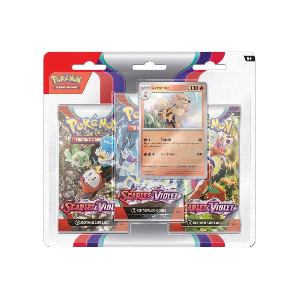 Pokémon Scarlet & Violet 3-Pack Blister s 3 booster paketi in promo karto Arcanine, vsak paket vsebuje 10 kart.
