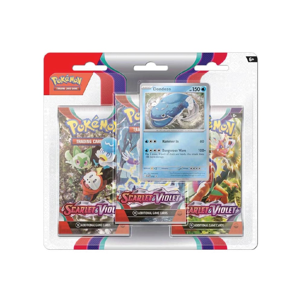 Pokémon Scarlet & Violet 3-Pack Blister s 3 booster paketi in promo karto Dondozo, vsak paket vsebuje 10 kart.