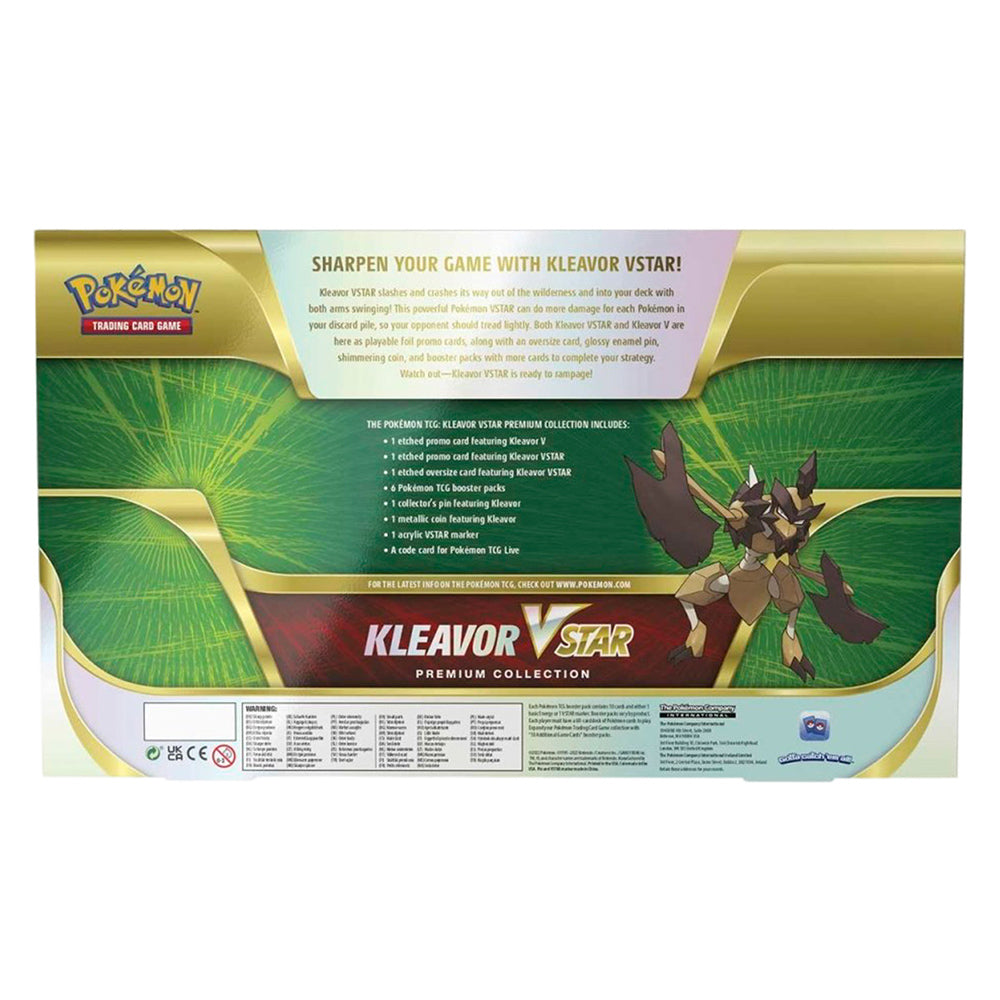 Pokémon TCG Kleavor VSTAR Premium Collection box with promo cards, pin, coin, and booster packs.