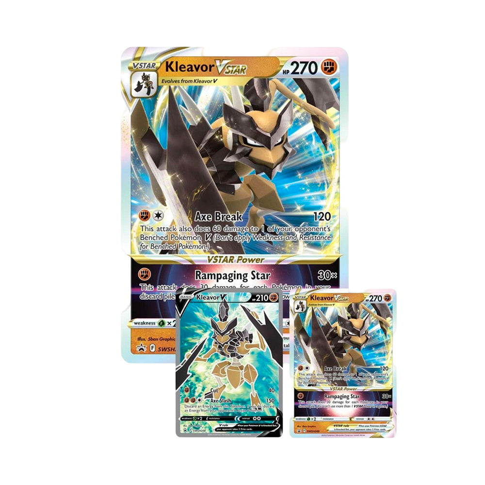 Pokémon TCG Kleavor VSTAR Premium Collection box with promo cards, pin, coin, and booster packs.