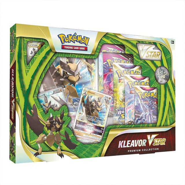 Pokémon TCG Kleavor VSTAR Premium Collection box with promo cards, pin, coin, and booster packs.