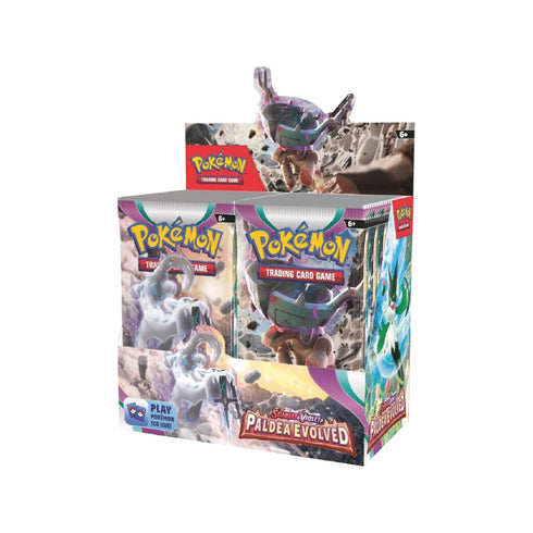 Paldea Evolved Booster Box z 36 paketi, vsak vsebuje 10 kart in osnovno energijo, karte se razlikujejo glede na paket.