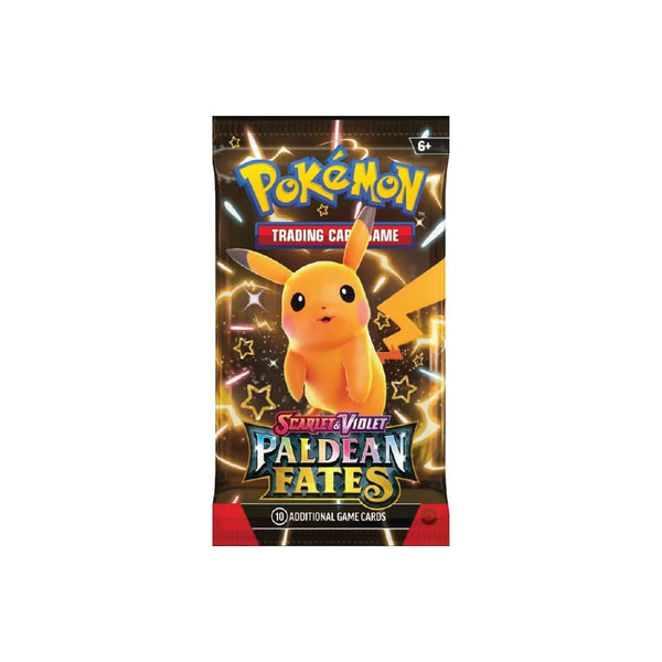 Paldean Fates Booster Pack z 10 Pokémon kartami, osnovno energijo in kodo za Pokémon Trading Card Game Online.