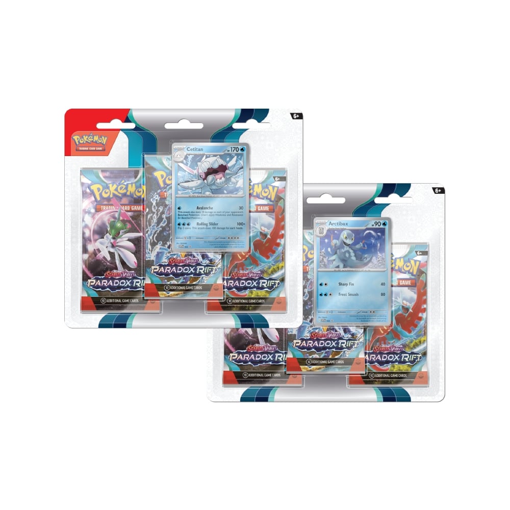 Pokémon Scarlet & Violet Paradox Rift 3-Pack Blister z 3 booster paketi z osnovnimi energijami ter promo kartico Cetitan ali Arctibax.