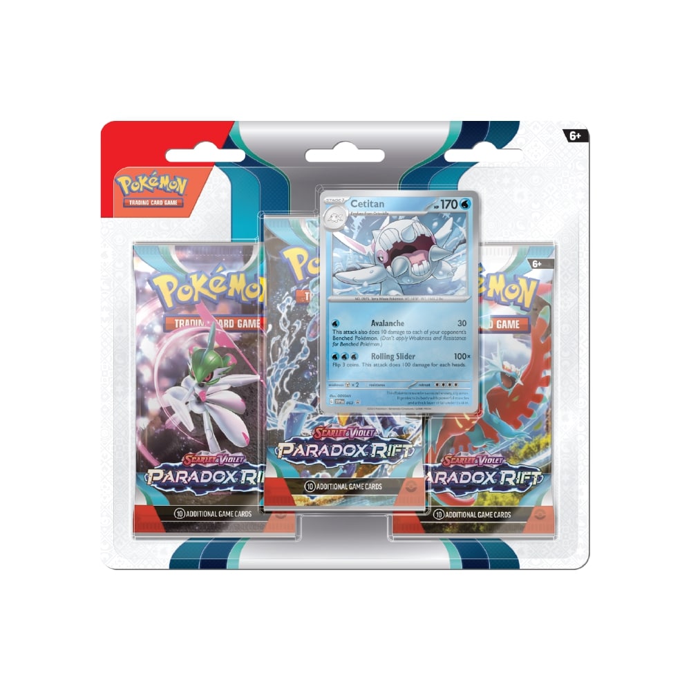 Scarlet & Violet Paradox Rift 3-Pack Blister vsebuje 3 booster pakete, promo karto Cetitan, 10 naključnimi kartami in osnovno energijo.