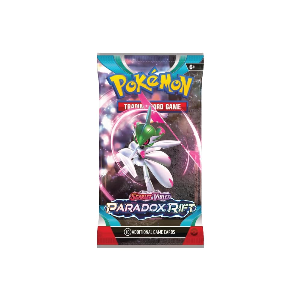 Booster paket Paradox Rift z 10 naključno izbranimi Pokémon kartami in kartico za spletno Pokémon Trading Card Game.