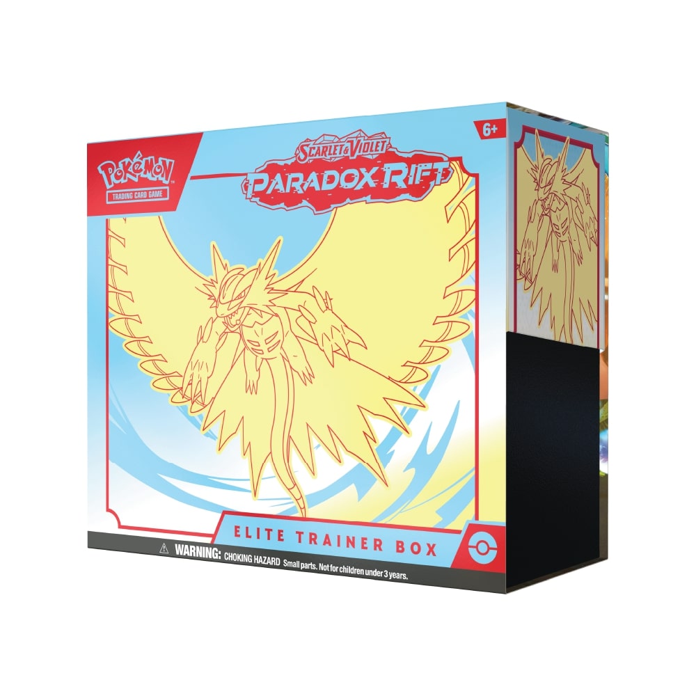 Scarlet & Violet Paradox Rift Elite Trainer Box z 9 booster paketi, kockami, števci škode in kodo za Pokémon TCG Online.