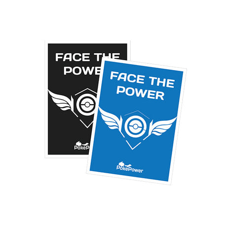 Blue and black PokePower sleeves– Face the Power design for Pokémon store branding