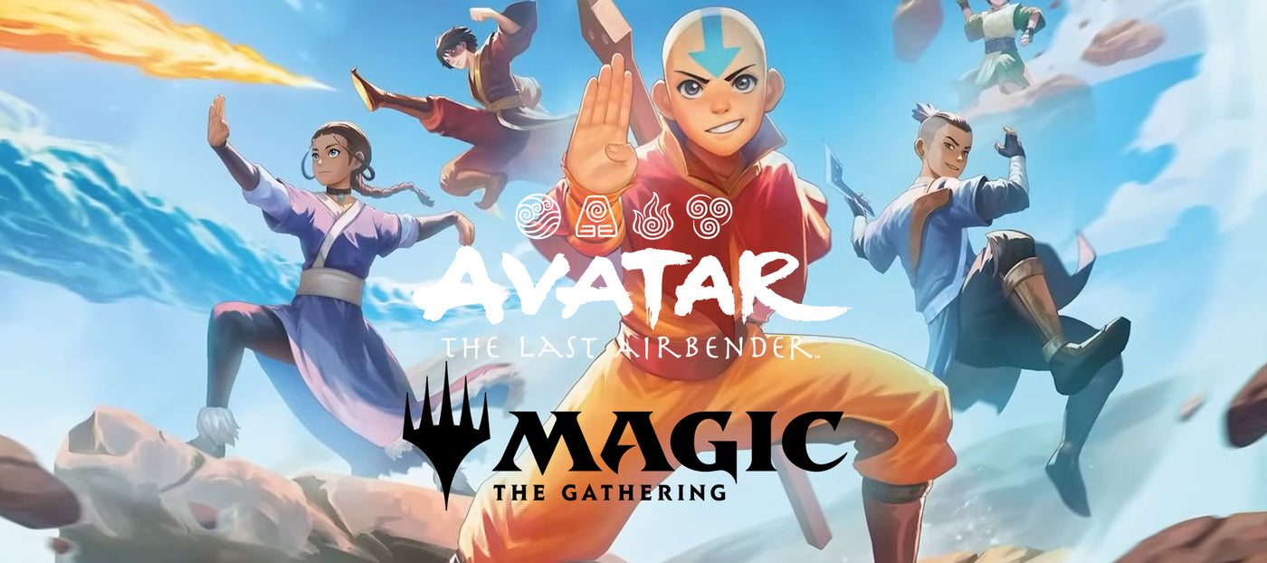 Magic: The Gathering x Avatar: The Last Airbender promo art with Aang and team.