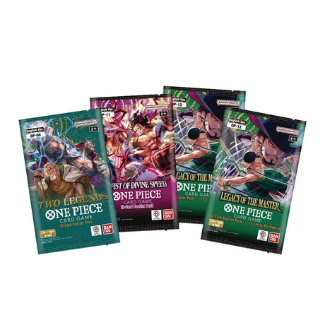 One Piece card game booster packs including Two Legends, Mist of Divine Speed, and Legacy of the Master.