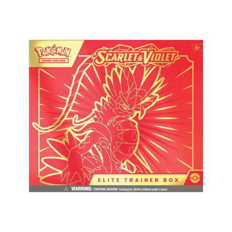 Scarlet & Violet Elite Trainer Box ima 9 booster paketov, 65 ovitkov, kocke in označevalce stanj ter shranjevalno škatlo.