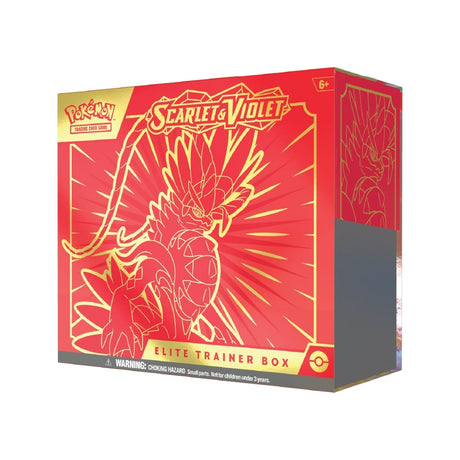 Pokémon Elite Trainer Box Scarlet & Violet vsebuje 9 booster paketov, promo karto, 45 energijskih kart, kocke in ovitke.
