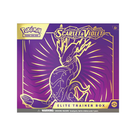 Elite Trainer Box Scarlet & Violet vključuje 9 booster paketov, promo karto, ovitke, kocke in kodo za TCG Online