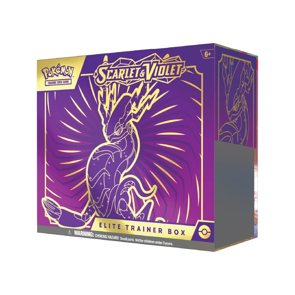 Scarlet & Violet Elite Trainer Box vsebuje 9 booster paketov, promo karto, ovitke, energijske karte, kocke in markerje.