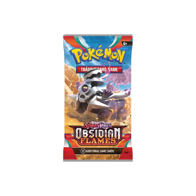 Scarlet & Violet Obsidian Flames Booster Pack vsebuje 10 naključnih Pokémon kart, osnovno energijo in kodo za Pokémon TCG Online