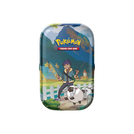 Crown Zenith Mini Tin z 2 booster paketkoma, nalepkami in ilustracijo Pokemon trenerja Hop na mini tinu.