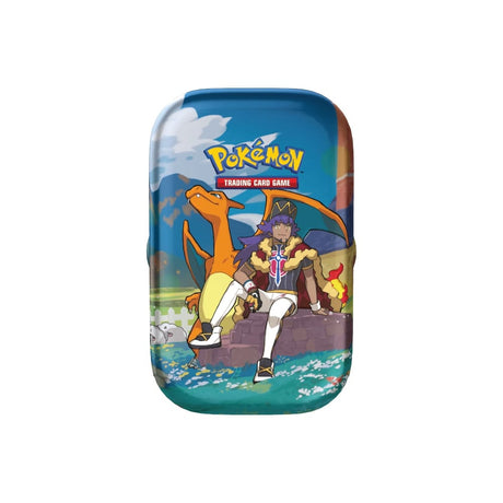 Crown Zenith Mini Tin z 2 booster paketkoma, nalepkami in ilustracijo Pokemon trenerja Leon na mini tinu.