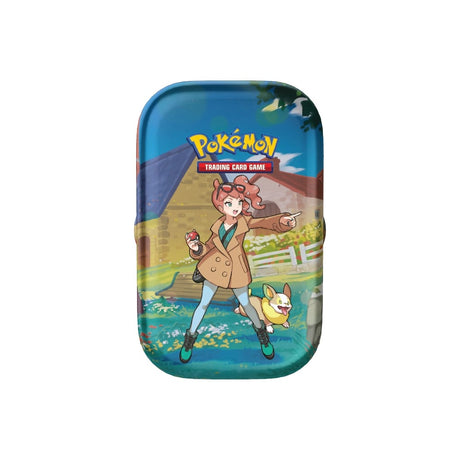 Crown Zenith Mini Tin z 2 booster paketkoma, nalepkami in ilustracijo Pokemon trenerja Sonia na mini tinu.
