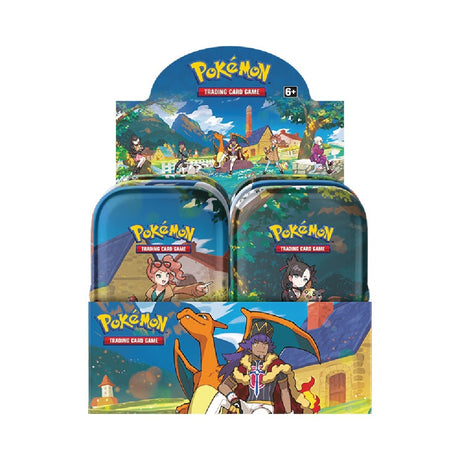 Display z 10 Crown Zenith Mini Tins z različnimi ilustracijami Pokémonov, 2 booster paketa v vsakem mini tinu in nalepkami.