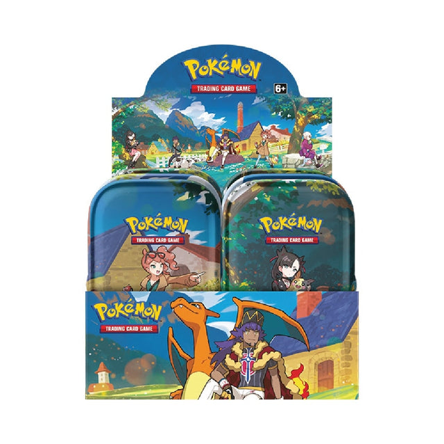 Display z 10 Crown Zenith Mini Tins z različnimi ilustracijami Pokémonov, 2 booster paketa v vsakem mini tinu in nalepkami.