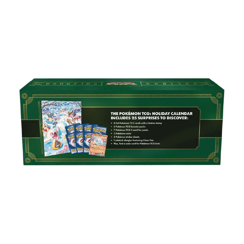 Božični Pokémon koledar 2024 vsebuje Pokémon TCG booster pakete, nalepke, folijske karte in dodatke za praznično sezono.
