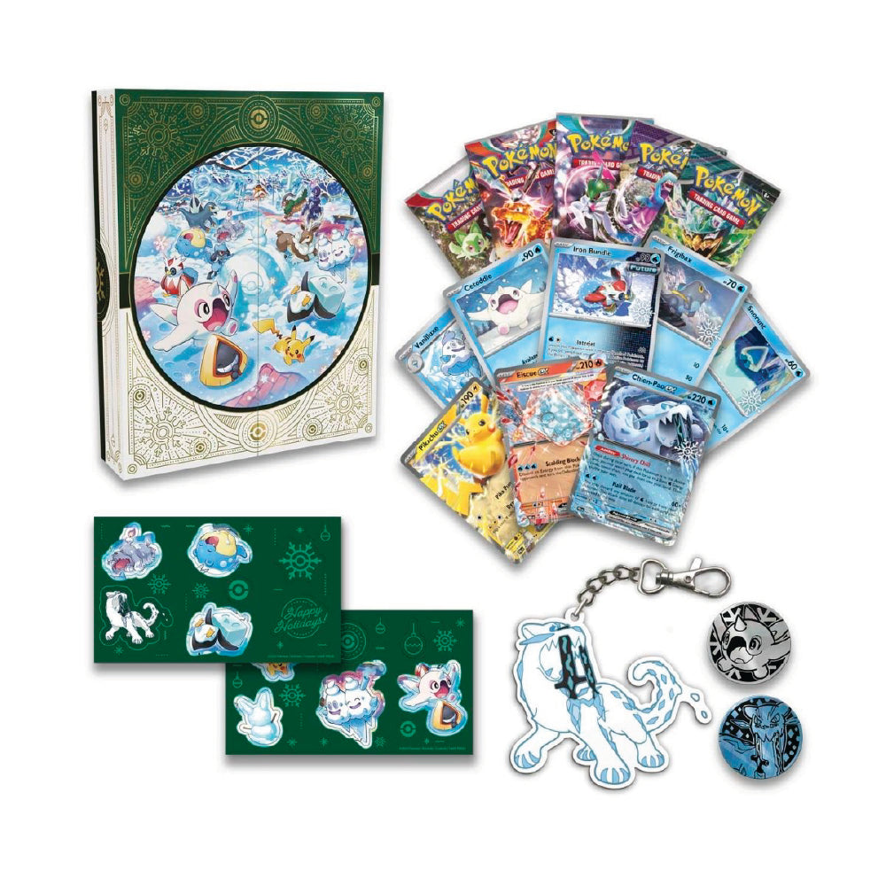 Pokémon praznični koledar 2024 vsebuje folijske karte, Pokémon TCG booster pakete, kovance in obesek Chien-Pao.