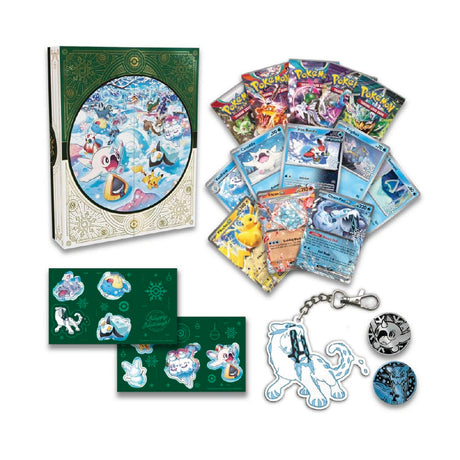 Pokémon praznični koledar 2024 vsebuje folijske karte, Pokémon TCG booster pakete, kovance in obesek Chien-Pao.