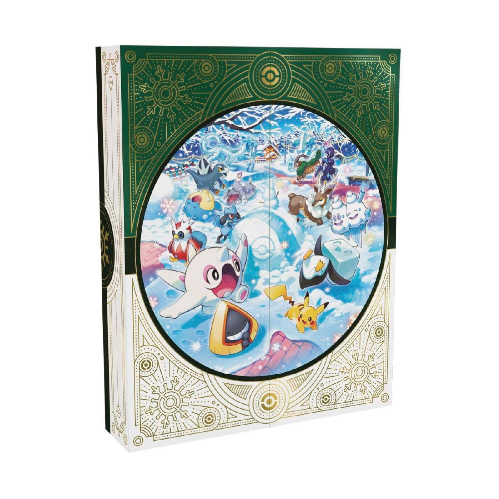 Pokémon praznični koledar 2024 s 5 Pokémon TCG booster paketi, 2 kovancema, nalepkami in kartico s kodo za spletno igro.
