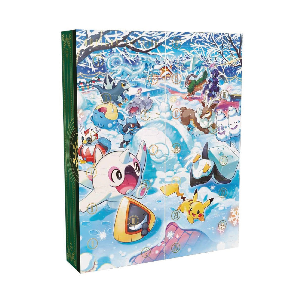 Božični Pokémon koledar 2024 vsebuje 8 posebnih folijskih kart, nalepke, kovanca in kodo za Pokémon TCG spletno igro.