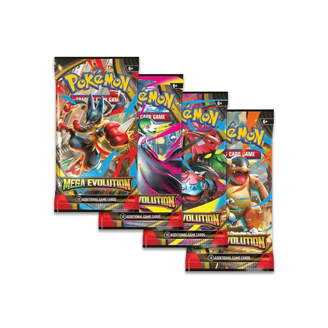 Pokemon TCG Mega Evolution booster packs with Lucario, Gardevoir, Venusaur and Charizard artwork