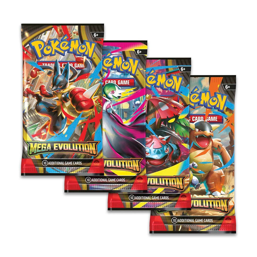 Pokemon TCG Mega Evolution booster packs featuring Lucario, Gardevoir, Venusaur