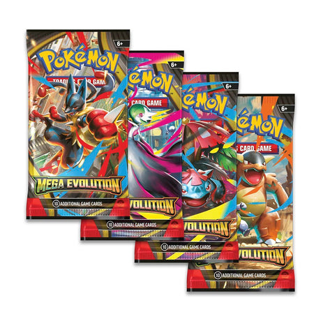 Pokemon TCG Mega Evolution booster packs featuring Lucario, Gardevoir, Venusaur and Khangaskan
