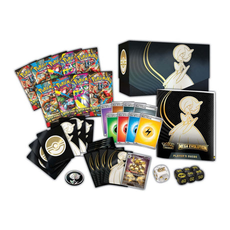 Pokémon TCG Mega Evolution Elite Trainer Box contents with booster packs, promo card, Gardevoir sleeves, energy cards, dice, and accessories