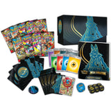 Pokémon TCG Mega Evolution Elite Trainer Box contents with booster packs, promo card, card sleeves, energy cards, dice, and accessories