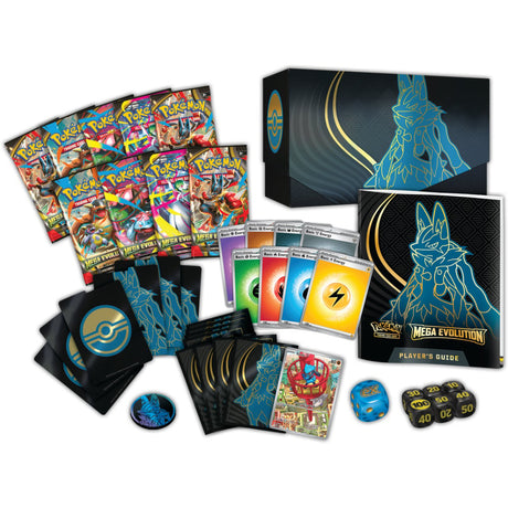 Pokémon TCG Mega Evolution Elite Trainer Box contents with booster packs, promo card, card sleeves, energy cards, dice, and accessories