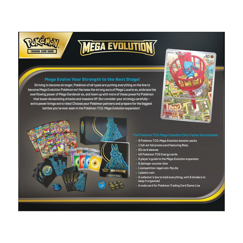 Pokémon TCG Mega Evolution Elite Trainer Box back packaging with product description and included items