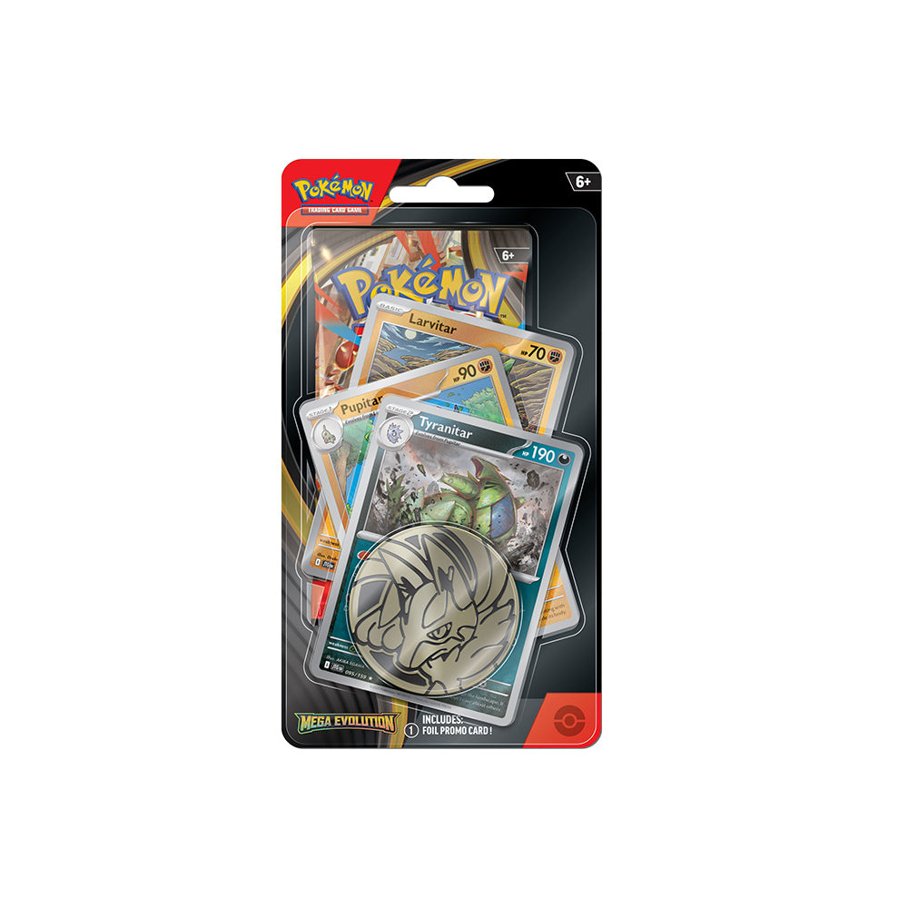 Pokémon TCG Mega Evolution Premium Checklane Blister with Tyranitar promo card, Larvitar, Pupitar and collectible coin